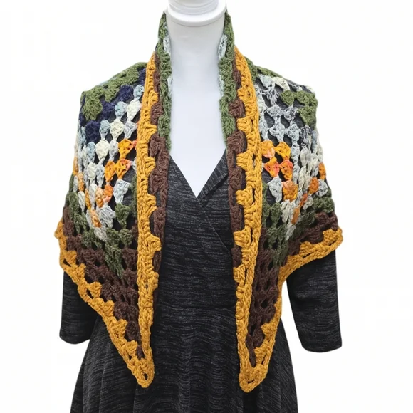 12-in-1 Granny Square Unique Shawl Cape Multicolor Crochet Wrap Fall Layering - Picture 11 of 17